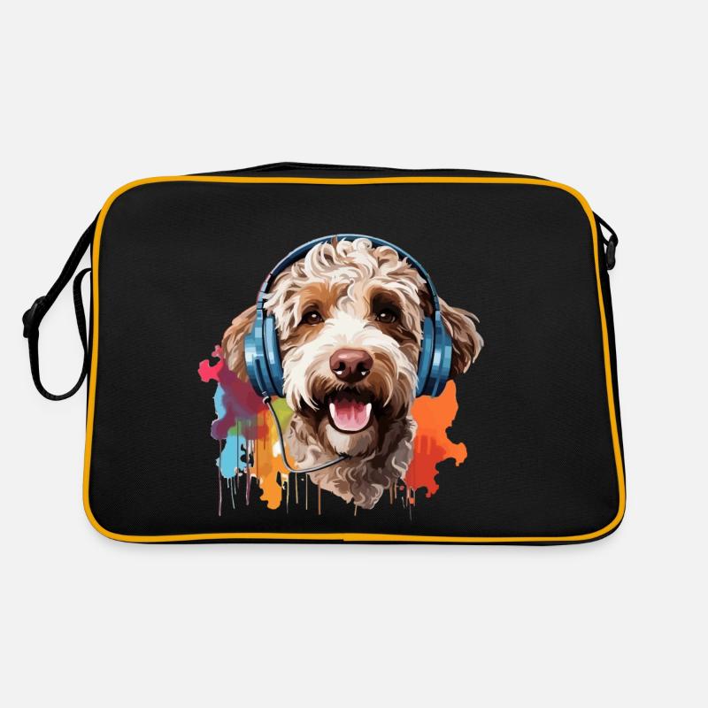Bunter Lagotto Romagnolo mit Kopfhörer - Retro Tasche - Schwarz/Gold