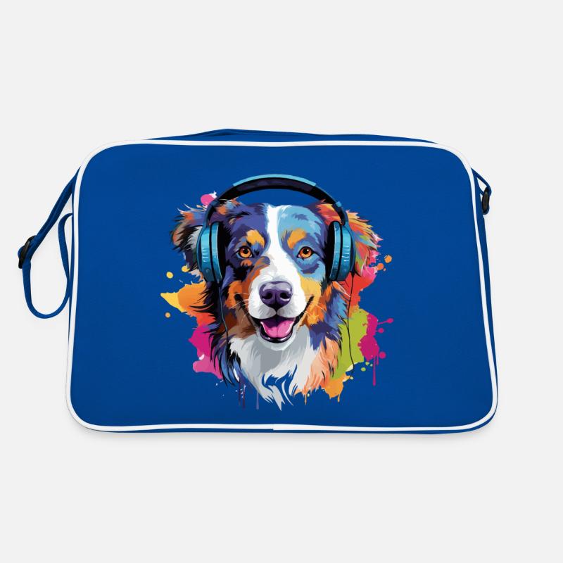 Bunter Australischer Schäferhund mit Kopfhörer Retro Tasche