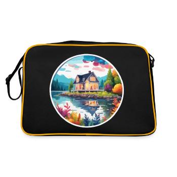 Haus am See / Hütte / See / Berge / Natur /Wald - Retro Tasche - Schwarz/Gold - Hinten