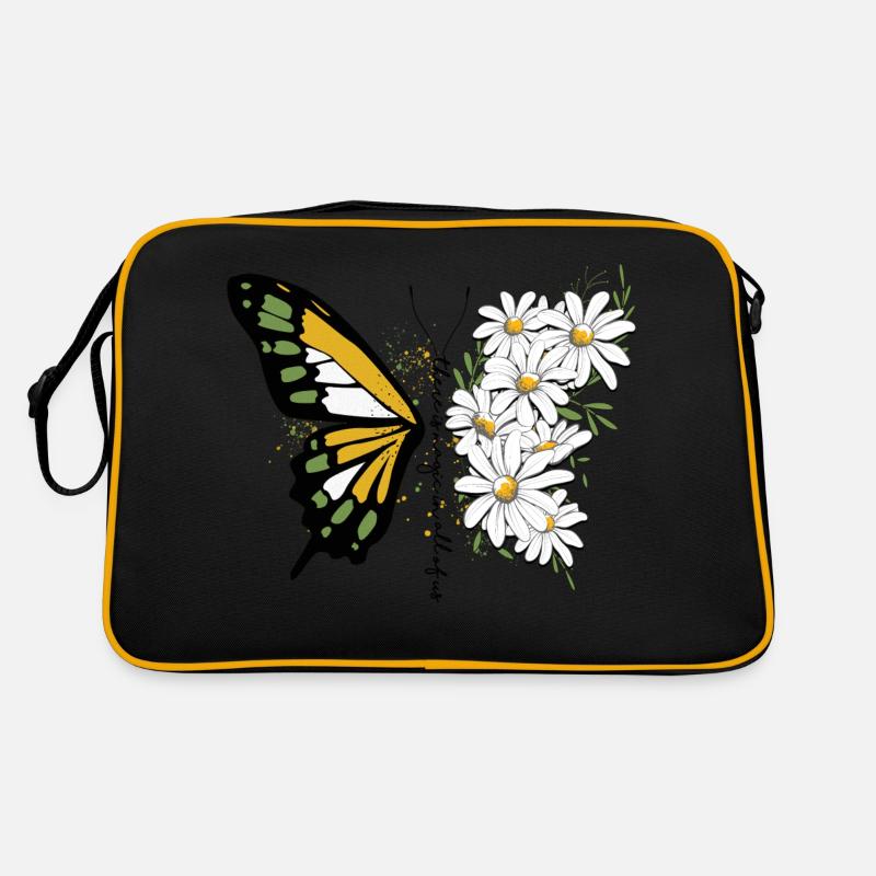 Schmetterling Blume blumig Floral Gänseblümchen - Retro Tasche - Schwarz/Gold