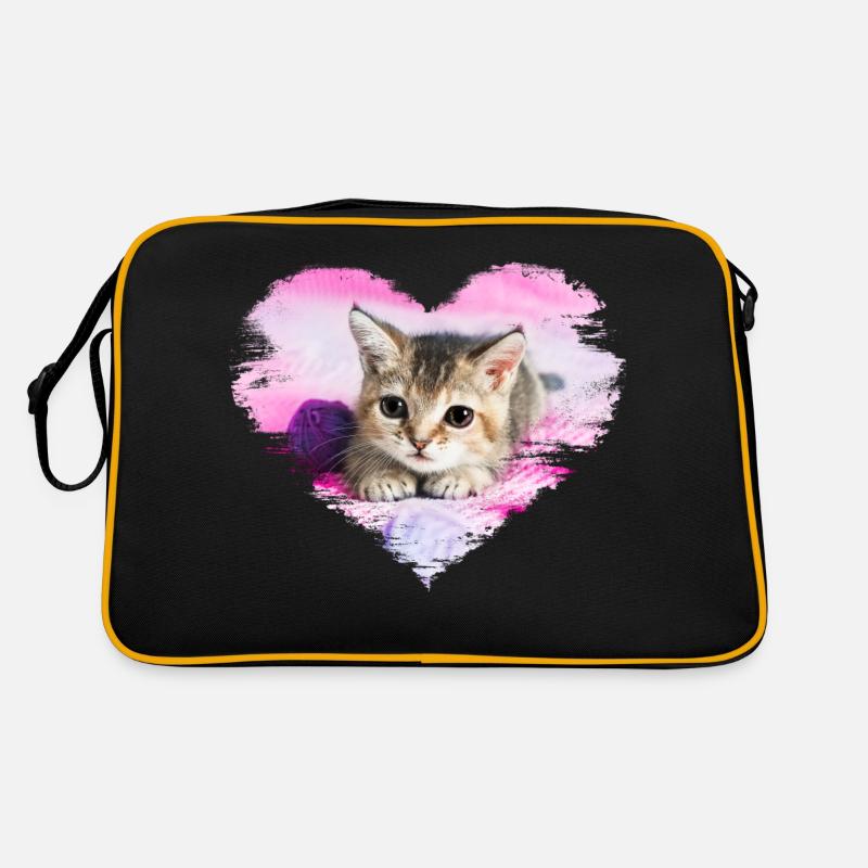 süßes Kätzchen im Herzen - Retro Tasche - Schwarz/Gold