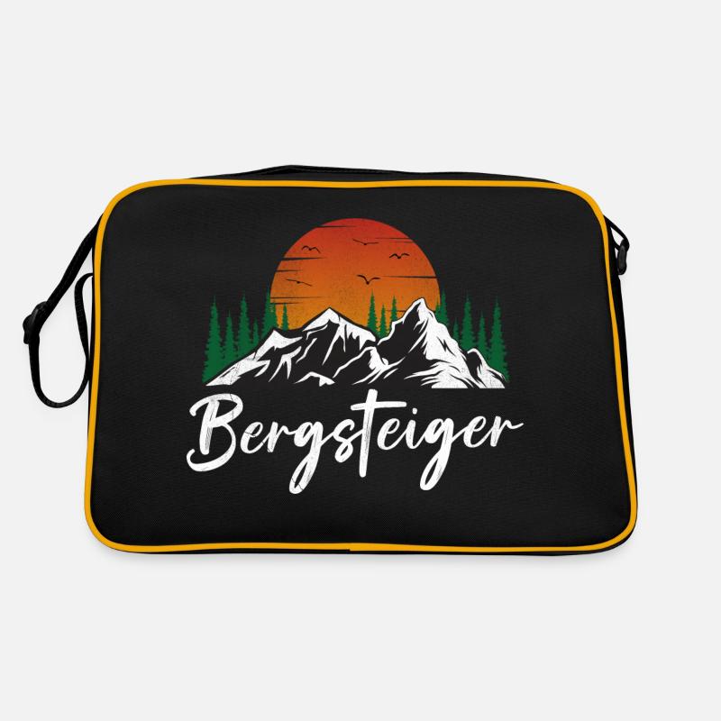 Bergsteiger Design Berg mit Sonne und Wald - Retro Tasche - Schwarz/Gold