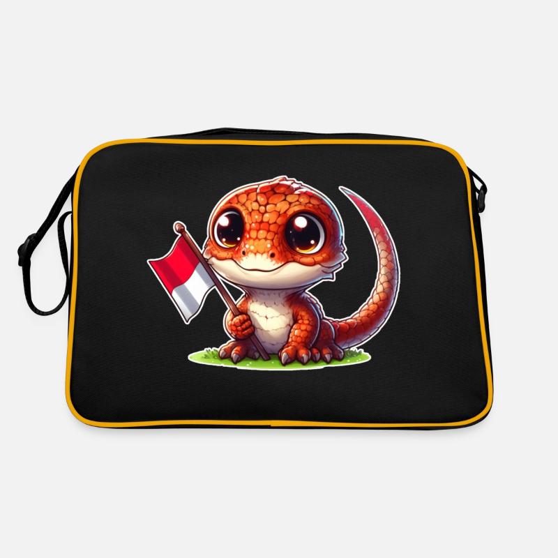 Süßer Komodowaran mit Flagge von Indonesien - Retro Tasche - Schwarz/Gold
