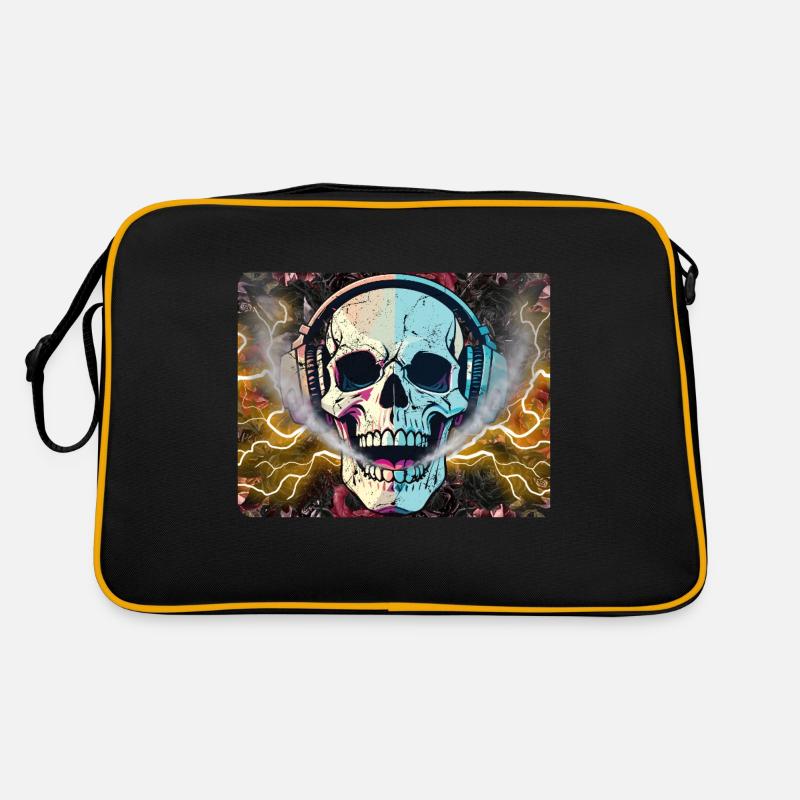 Neon Skull Beats/Psychedelic Soundwave Skull - Retro Tasche - Schwarz/Gold