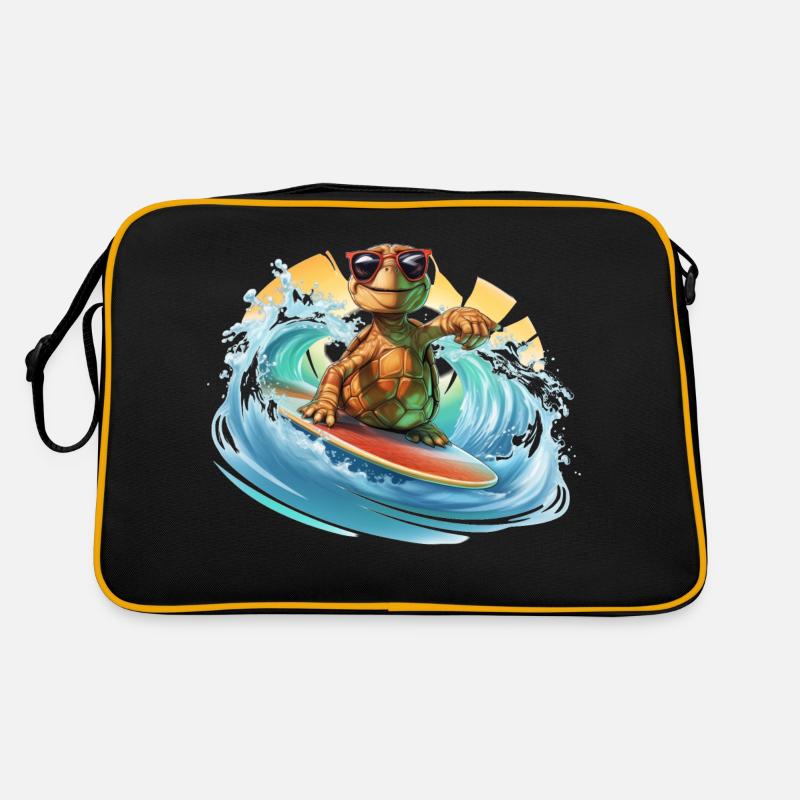 Surfende Schildkröte - Retro Tasche - Schwarz/Gold