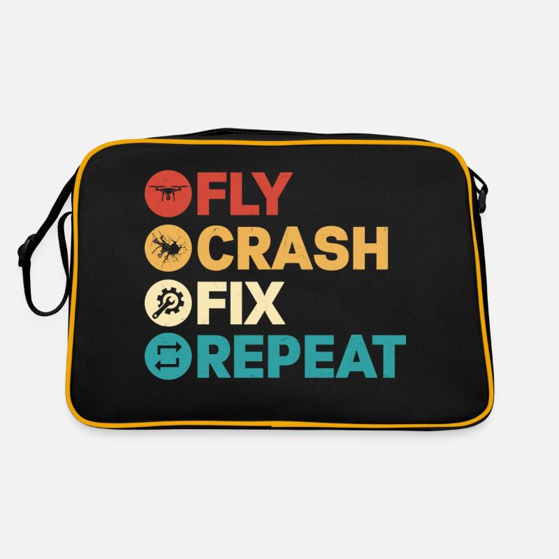 Fly Crash Fix Repeat Drone Pilot RC Flight - Retro Tasche - Schwarz/Gold