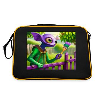 cute little green vintage alienpainting a fence - Retro Bag - black/gold - Back