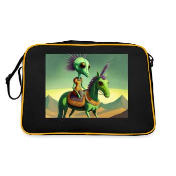 niedliches kleines grünes Retro-Alien reitet auf einem Pferd - Retro Tasche - Schwarz/Gold - Hinten