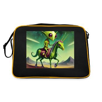 niedliches kleines grünes vintage alien reitet auf einem pferd - Retro Tasche - Schwarz/Gold - Hinten