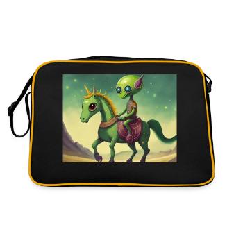 niedliches kleines grünes Retro-Alien reitet auf einem Pferd - Retro Tasche - Schwarz/Gold - Hinten