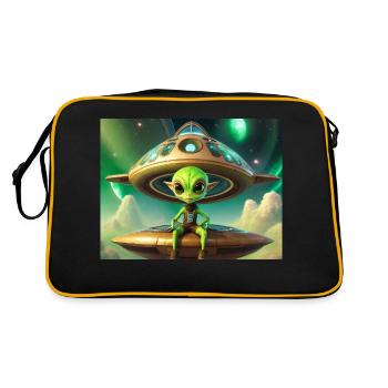 niedliches kleines grünes Retro-Vintage-Alien, das ein UFO fliegt - Retro Tasche - Schwarz/Gold - Hinten