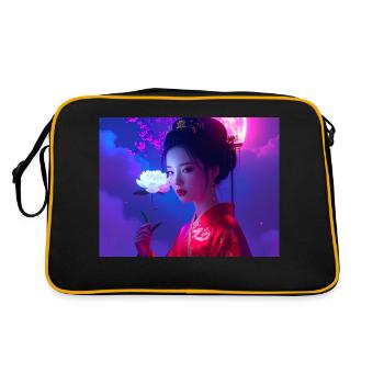 asiatin,geisha,japan, mond,pfingstrose - Retro Tasche - Schwarz/Gold - Hinten