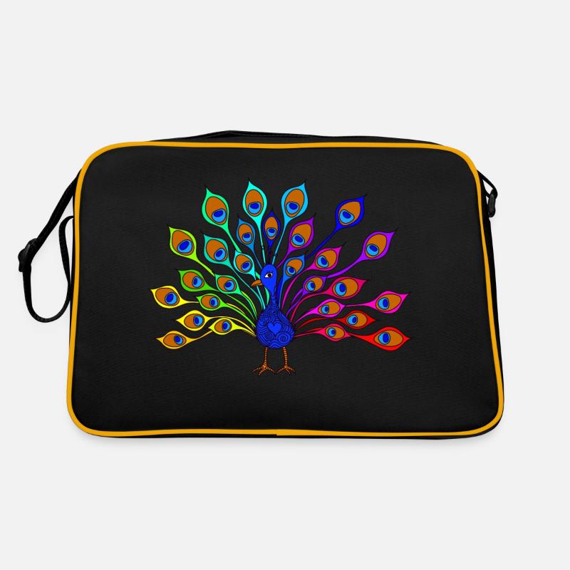 bunter Pfau - Retro Tasche - Schwarz/Gold