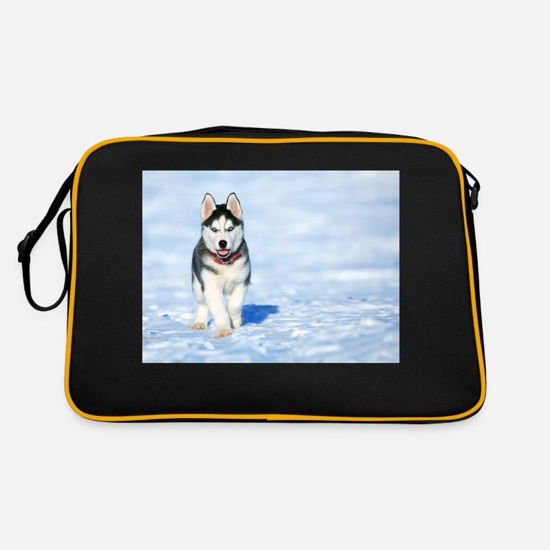 Husky-Welpe im Schnee - Retro Tasche - Schwarz/Gold