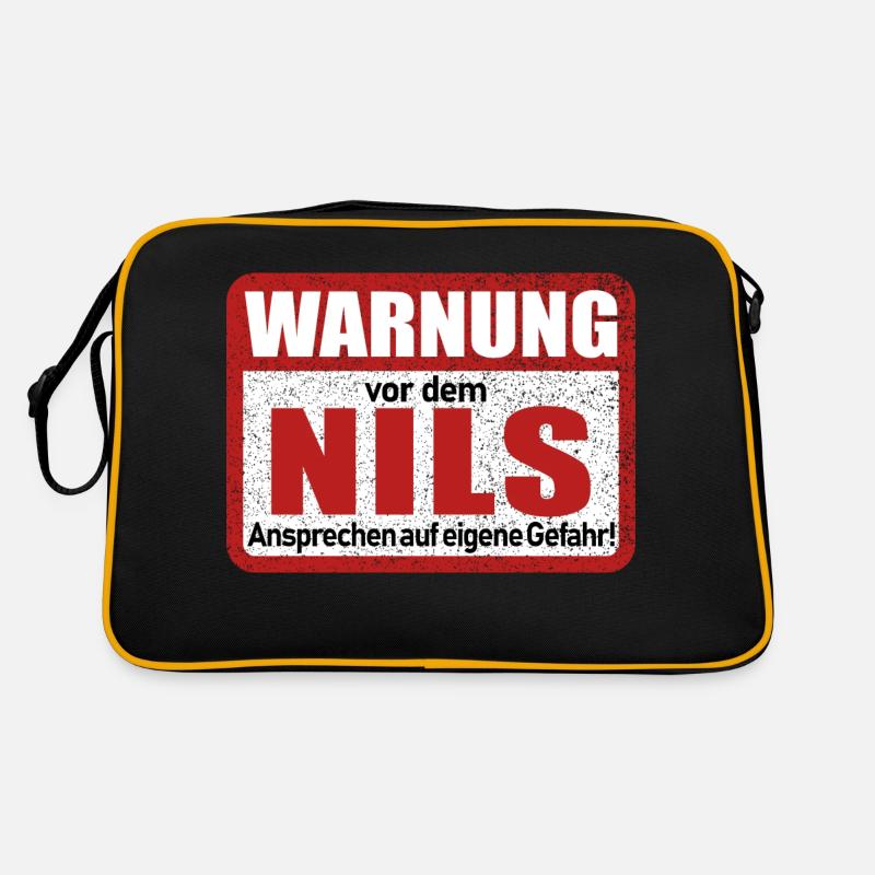 Nils Name Lustiges Warnschild - Retro Tasche - Schwarz/Gold
