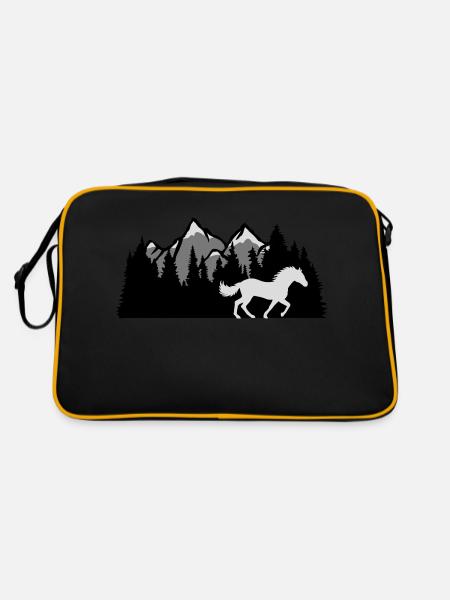 Berge Wald Natur Pferd - Retro Tasche - Schwarz/Gold - Hinten