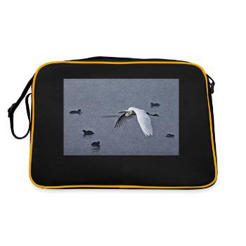 Silberreiher im Flug - Retro Tasche - Schwarz/Gold - Hinten
