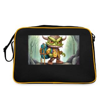 Monstre vert avec des cornes - jeune mignon petit - Sac Retro - noir/or - Dos