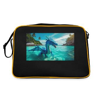 Ein realistischer blauer Wasserdrache im Türkis - Retro Tasche - Schwarz/Gold - Hinten