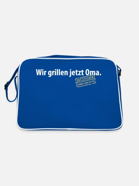 Wir grillen jetzt Oma Satzzeichen Komma Leben Omi - Retro Tasche - Blau/Weiß - Hinten