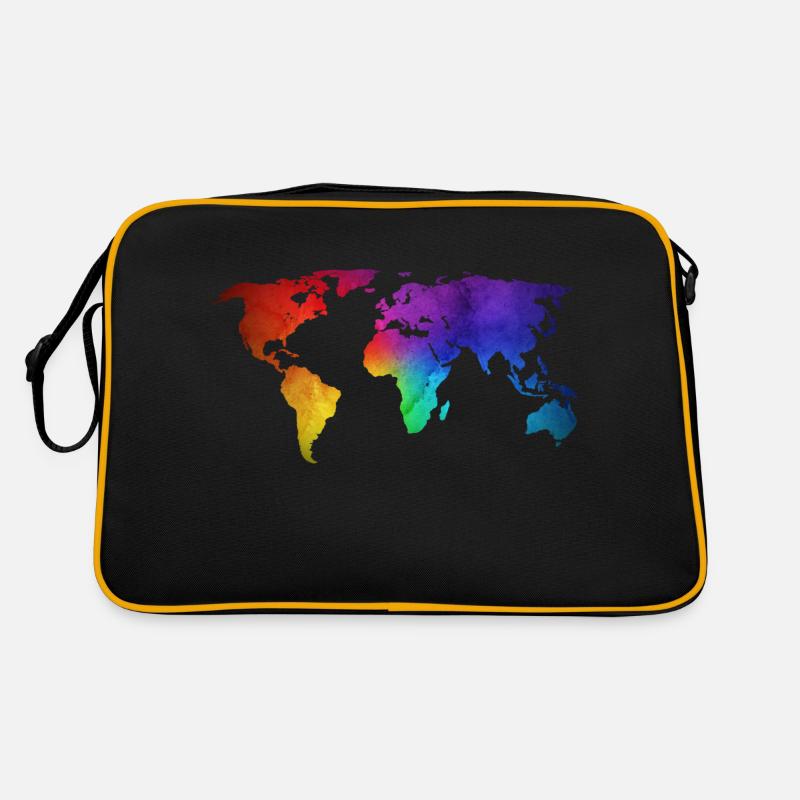 Weltkarte/Globe-Design mit funky RegenbogenFarbe - Retro Tasche - Schwarz/Gold