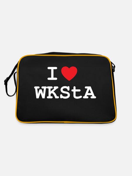 I LOVE WKSTA T-Shirt Design in Weiß - Retro Tasche - Schwarz/Gold - Hinten