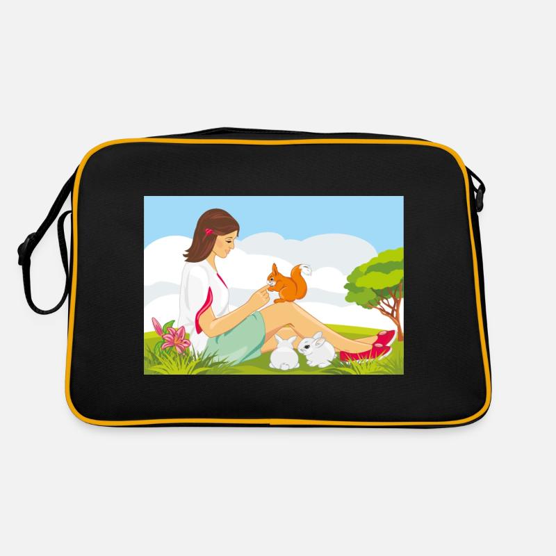 Cute girl playing with squirrel and rabbits Retro Bag
