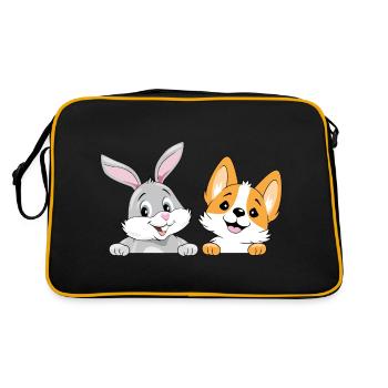 Peeking smiling rabbit and corgi dog - Retro Bag - black/gold - Back