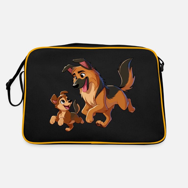 Deutscher Schäferhund Mutter mit Kind beim Herumtollen - Retro Tasche - Schwarz/Gold