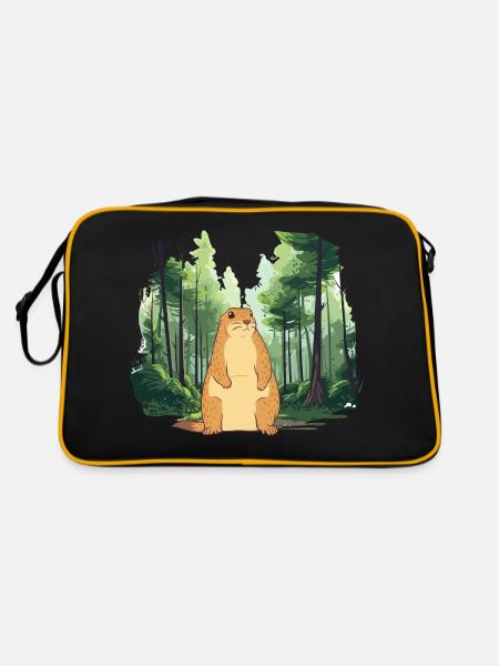 Starke Murmeltier-Naturlandschaft - Retro Tasche - Schwarz/Gold - Hinten