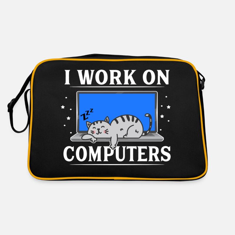 I Work on Computers Funny Cat - Sac Retro - noir/or