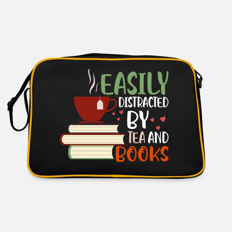 Easily Distracted By Tea And Books Book Lover Read - Retro Tasche - Schwarz/Gold