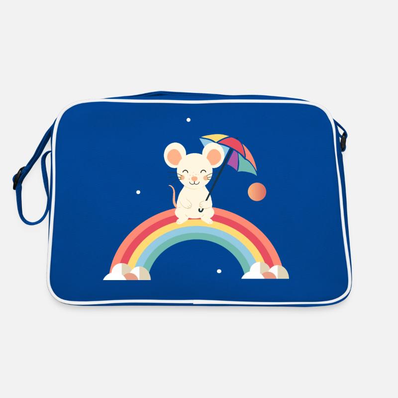 Fröhliche Maus mit Schirm auf Regenbogen Retro Tasche