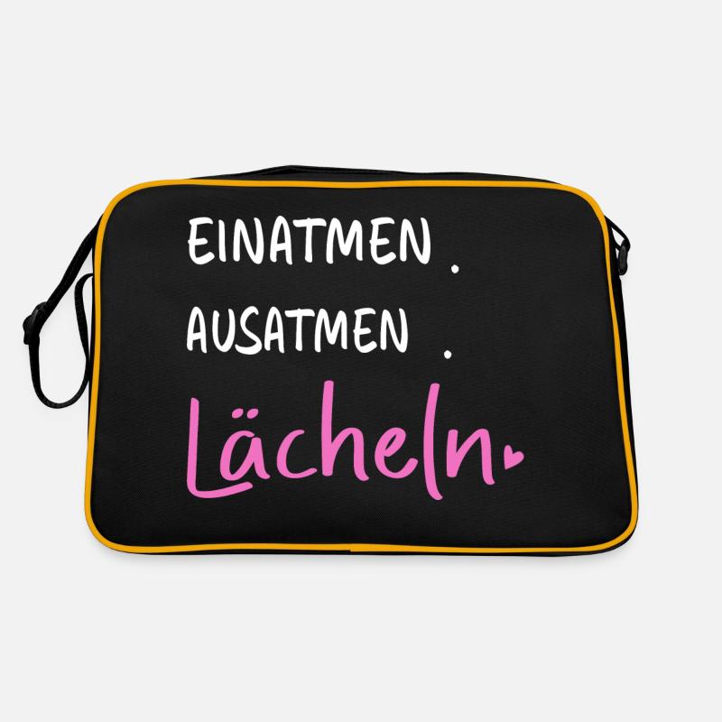 Einatmen. Ausatmen. Lächeln - Sprüche Statement - Retro Tasche - Schwarz/Gold
