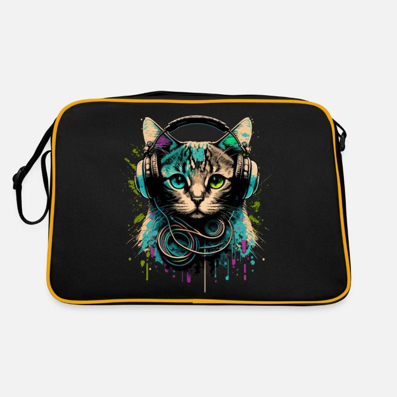 Katze mit Headset - Retro Tasche - Schwarz/Gold