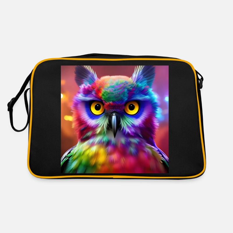 Eule, Regenbogen, Bunt - Retro Tasche - Schwarz/Gold