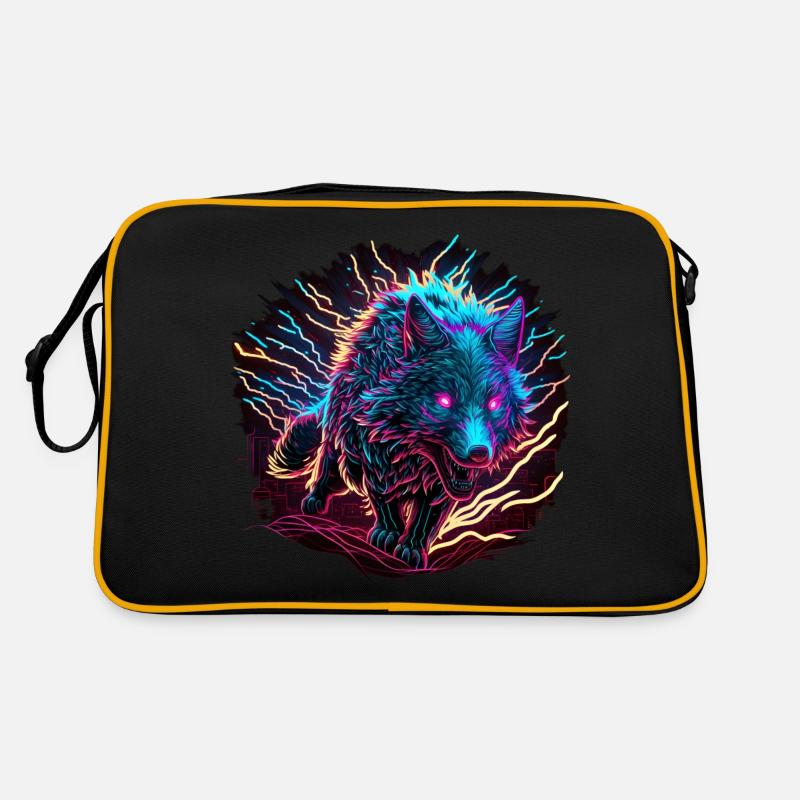 Wolf Neon Illustration Synthwave Art - Retro Tasche - Schwarz/Gold