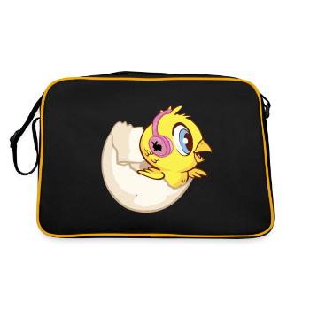 Chick in eggshell with headphones and bunny - Retro Bag - black/gold - Back