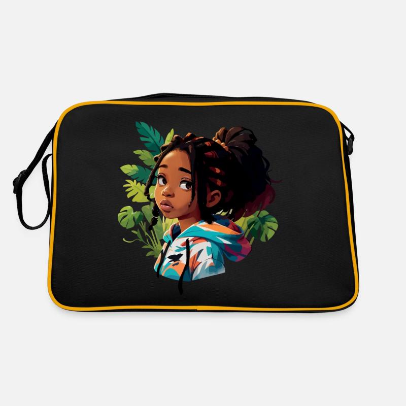 Mädchen mit Dreads im bunten Kapuzenpullover Retro Tasche