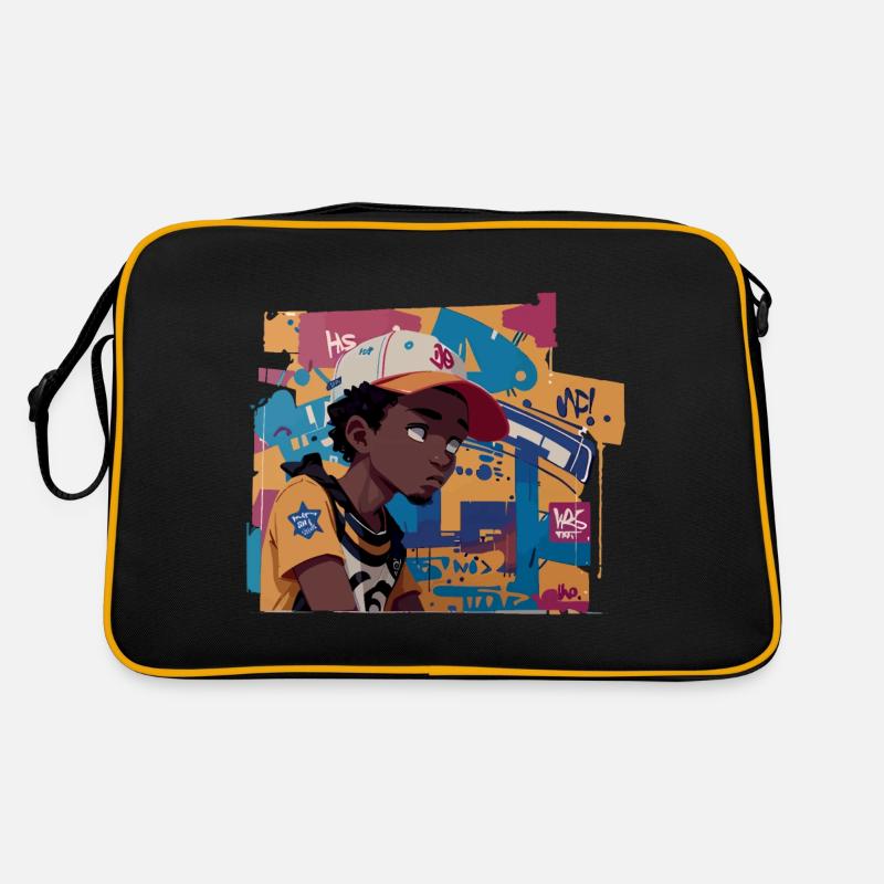 Black Kid devant Graffiti Background Sac Retro