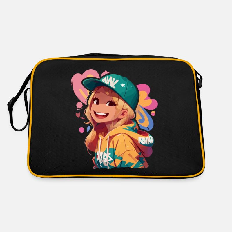 Amerikanisches Mädchen lächelt im Kapuzenpullover Retro Tasche