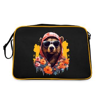 Bär mit Hoodie und Sonnenbrille mit bunten Blumen - Retro Tasche - Schwarz/Gold - Hinten