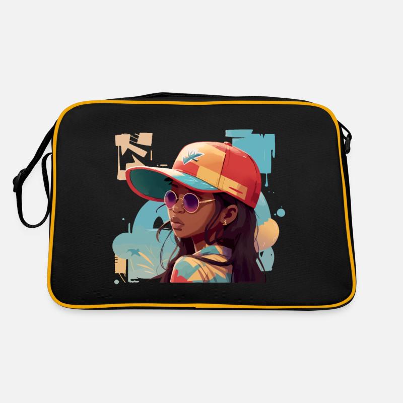 Femme élégante avec chapeau Snapback - Sac Retro - noir/or