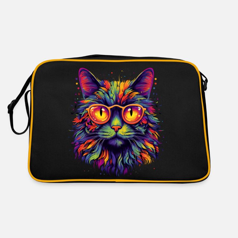 Bunte Katze mit Brille - Retro Tasche - Schwarz/Gold