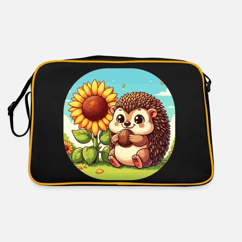 Süßer Igel mit Sonnenblume auf einer Wiese Retro Tasche