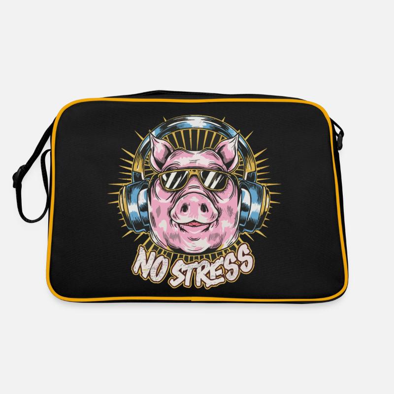 Schwein mit Kopfhörer Lustiger Spruch NO STRESS Retro Tasche