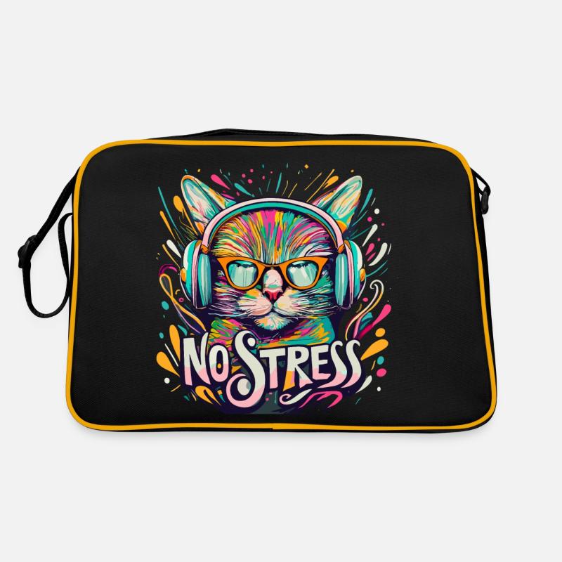 Katze mit Kopfhörer Lustiger Spruch NO STRESS Retro Tasche