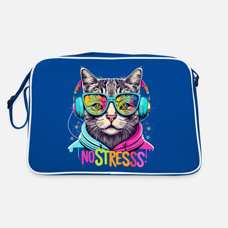 Katze mit Kopfhörer Lustiger Spruch NO STRESS Retro Tasche