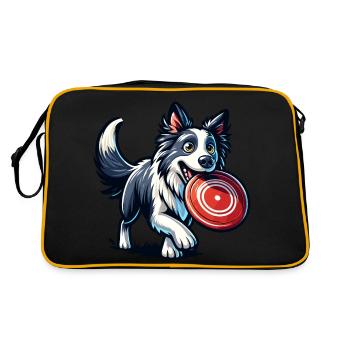 A border collie happily plays with a frisbee - Retro Bag - black/gold - Back