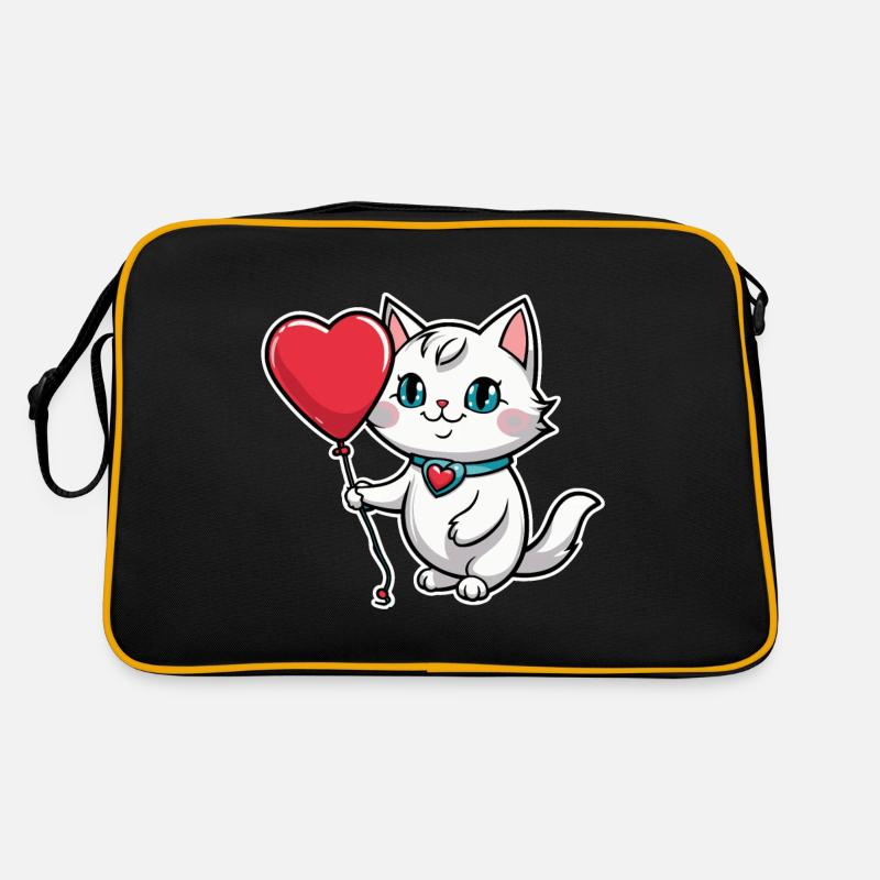 Katze Herz - Valentinstag - Retro Tasche - Schwarz/Gold